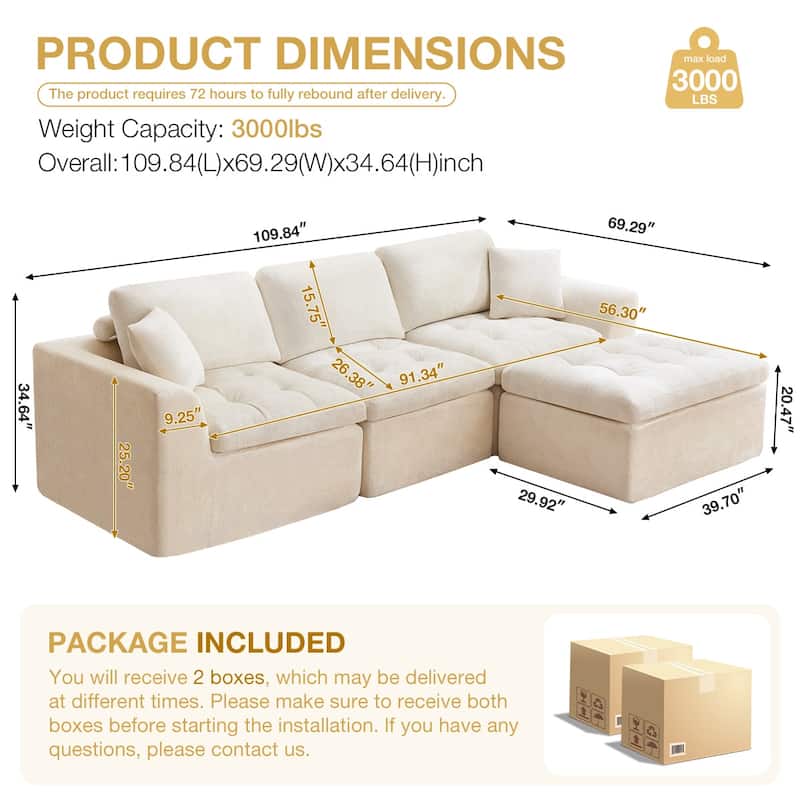 Anmytek 110 Inch Cloud Sectional Couch Upholstered L Shape Modular Sofa with Movable Ottoman Deep Seat