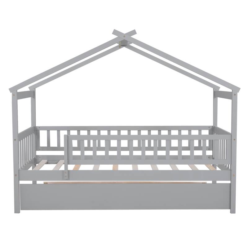 Pine House Bed with Trundle, Guardrail & Roof