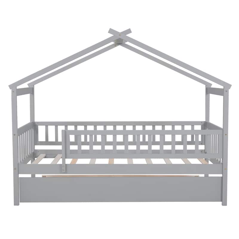 Twin Size House Bed with Trundle, Wooden Playhouse Kids Bed Frame with Roof and Fence, Montessori Style Bed