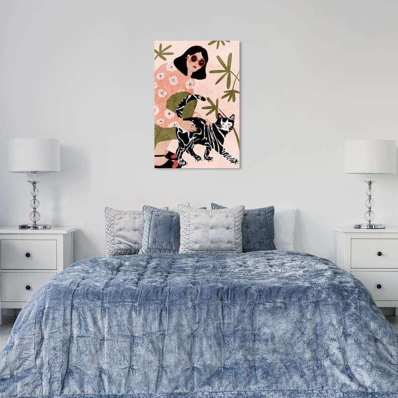 Wynwood Studio Canvas Animals Floral Cat lover Black and Light Pink Modern & Contemporary Wall Art Canvas Print - 36 x 24
