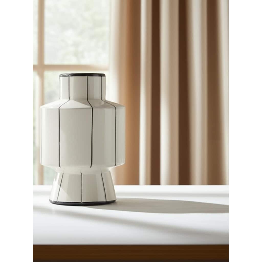 16" White And Black Striped Ceramic Cylinder Table Vase - 9.84