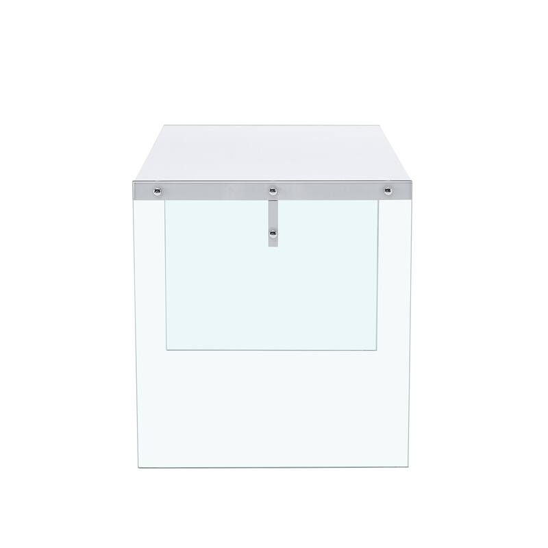 The top of the coffee table is made of MDF and white stickers, and the sides are clear tempered glass. The design is sim