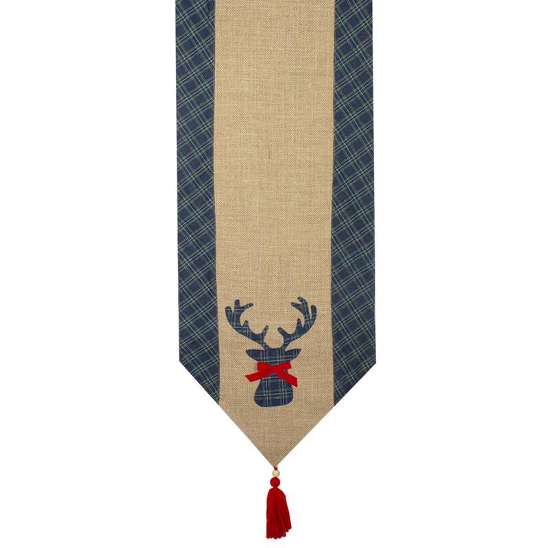 Burlap and Plaid Reindeer Christmas Runner - 80" - Blue and Beige