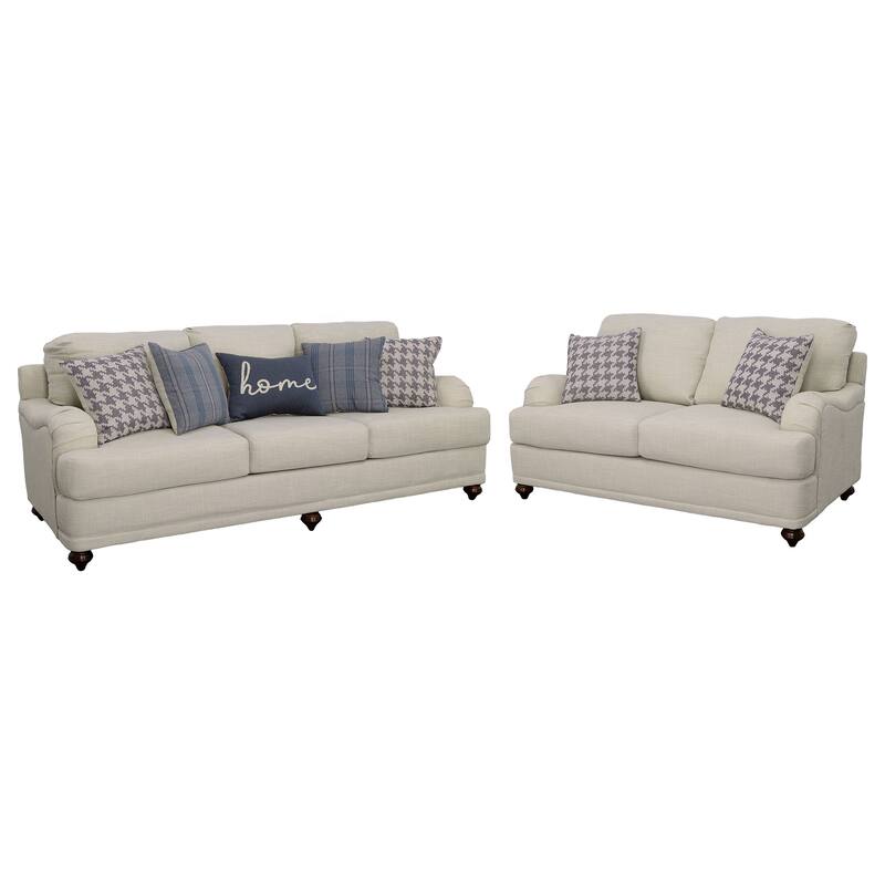 Liya 2pc Sofa and Loveseat Set, 7 Blue Pillows, Light Gray