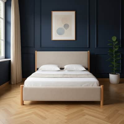 HomeRoots Natural and Beige Wood And Upholstery King Bed Frame