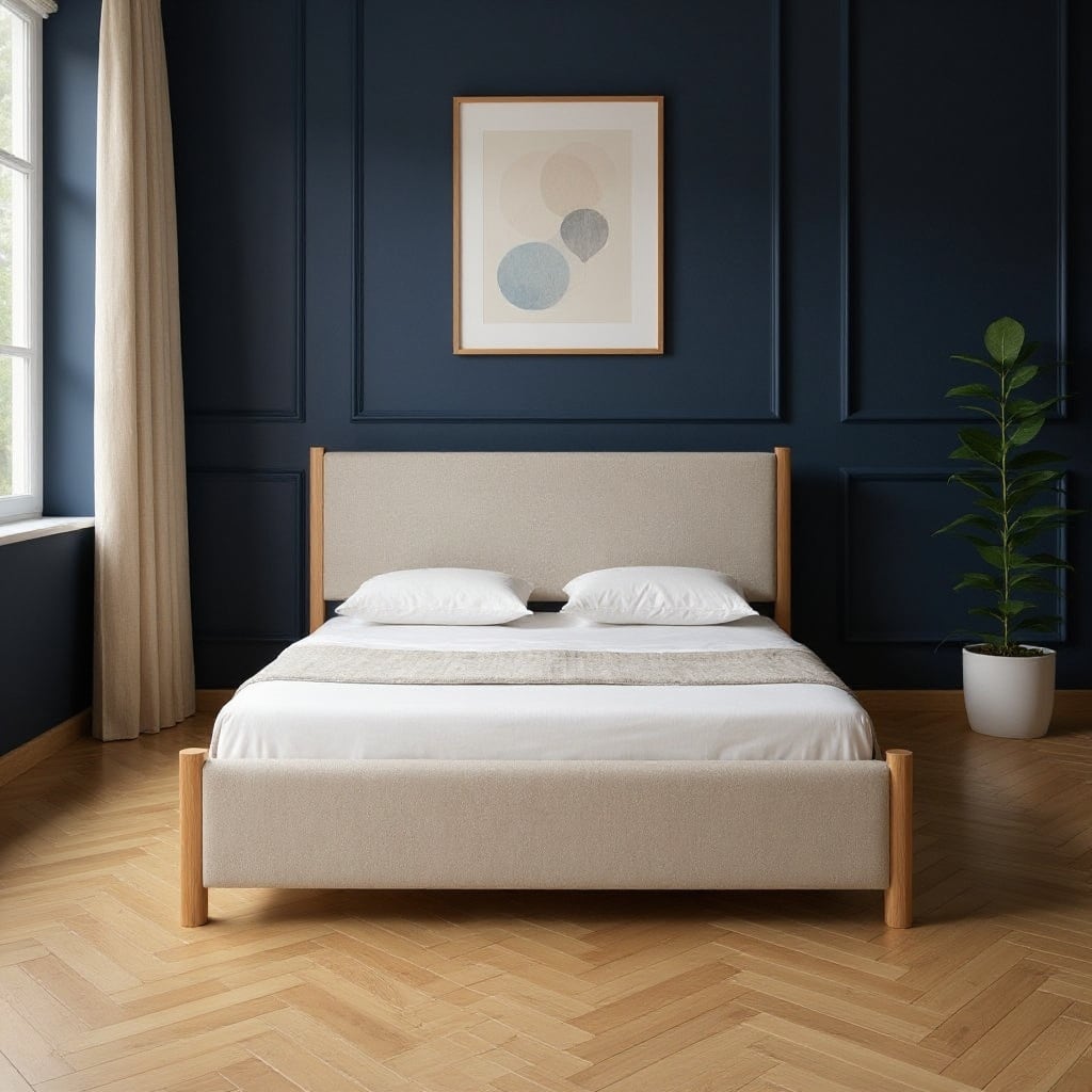 HomeRoots Natural and Beige Wood And Upholstery King Bed Frame