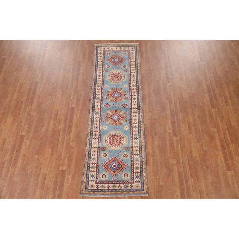 Hand Knotted Oriental 100% Wool Carpet Traditional Geometric Navy Blue & Blues Kazak Runner Rug - 9' 0'' X 2' 9''