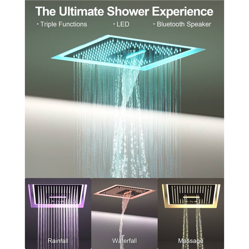 GRANDJOY Shower Faucet System 16 inch Ceiling Mount Shower Head 3 Spray Modes Handheld Spray with Slide Bar LED Music