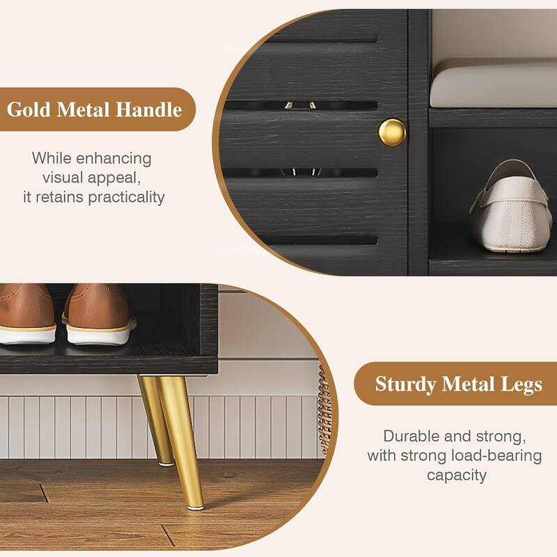 VECELO L-Shaped Entryway Bench with Cushion Shoe Storage Bench with Louvered Door & Open Shelves Hallway Seat Organizer