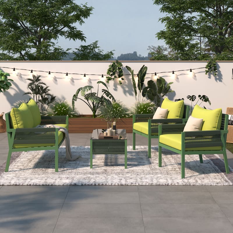 4 Piece Outdoor Woven Rope Furniture Set for 4 People, All Weather Patio Metal Conversation Sofa Set with Tempered Glass Table