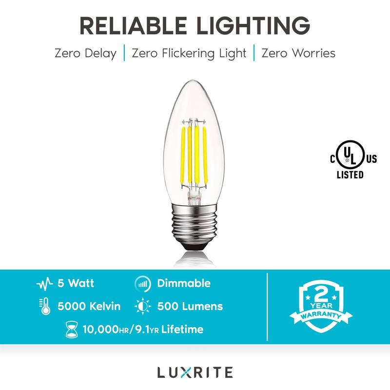 Luxrite 5W Vintage E26 Candelabra LED Bulbs Dimmable, 550 Lumens, 60W Equivalent, Torpedo Tip Clear Glass (12 Pack)