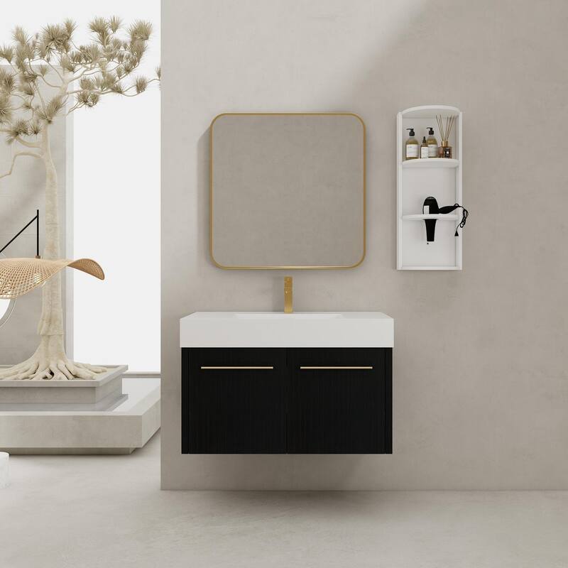 Wall mounted bathroom vanity with sink and storage shelf