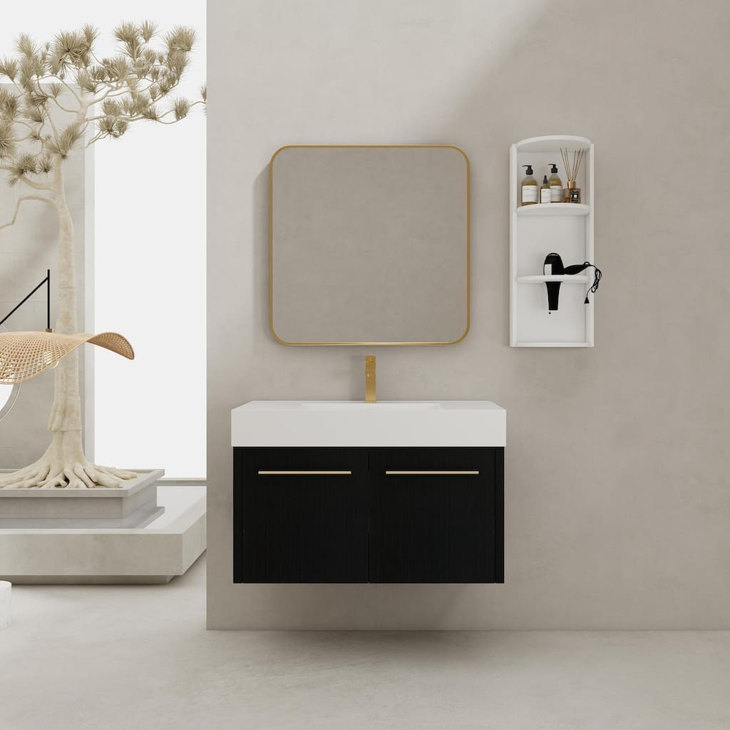 Wall mounted bathroom vanity with sink and storage shelf