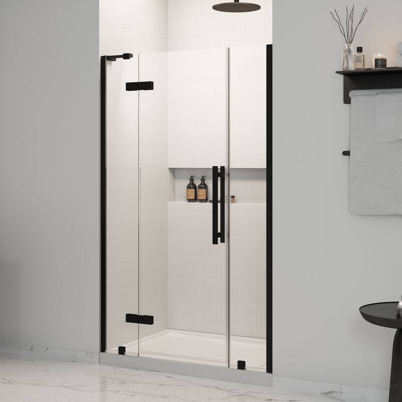 OVE Tampa Alcove Frameless Pivot Hinge Shower Door Kit with Base Pan, 2025 - Matte Black - 48"x32"