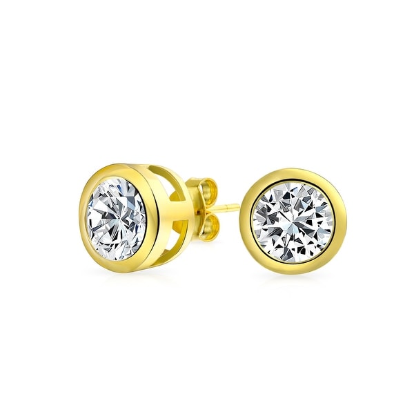 Yellow Gold Plated Round Bezel Set Cubic Zirconia .925 Sterling Silver Earring