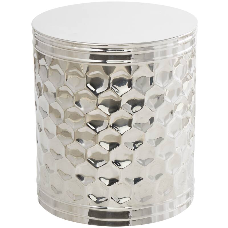 Silver Stainless Steel Metal Drum Geometric Accent Table with Hexagon Patterned Exterior