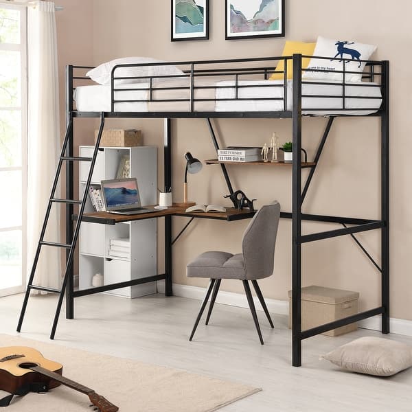 slide 2 of 17, Twin Size Metal Loft Bed with L-Shaped Desk & Shelf & Full-Length Guardrail & Ladders Black