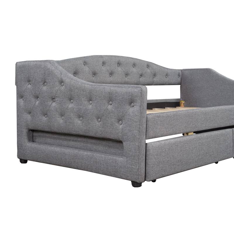 Twin XL Size Daybed with 2 Storage Drawers & LED Light, Linen Upholstered Sofa Bed Frame with Cover Backrest & Solid Wood Slats