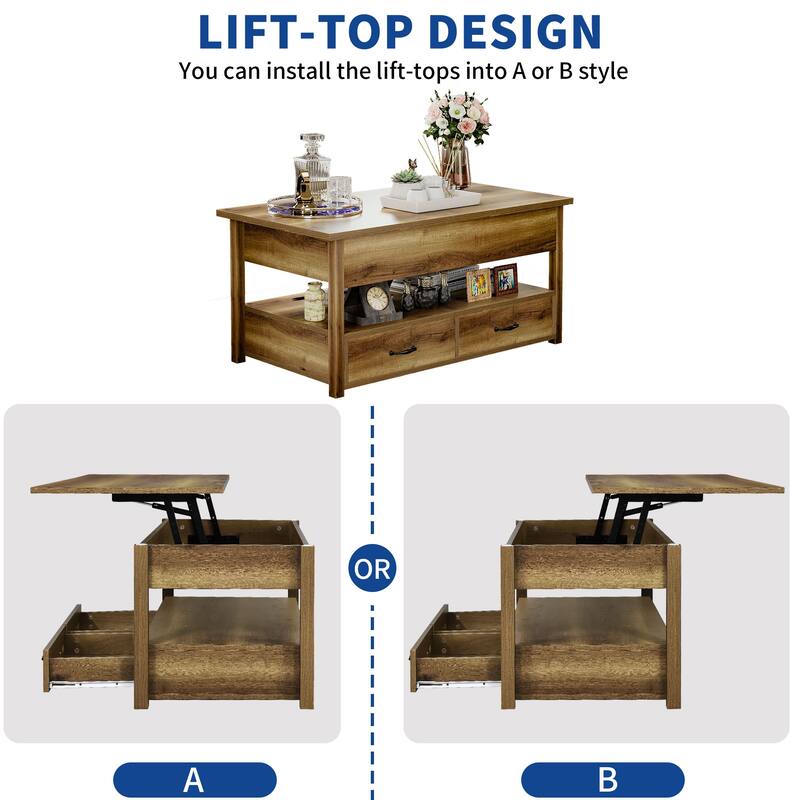 Moasis Farmhouse Lift Top Coffee Table with Storage Shelf and 2 Drawers for Living Room