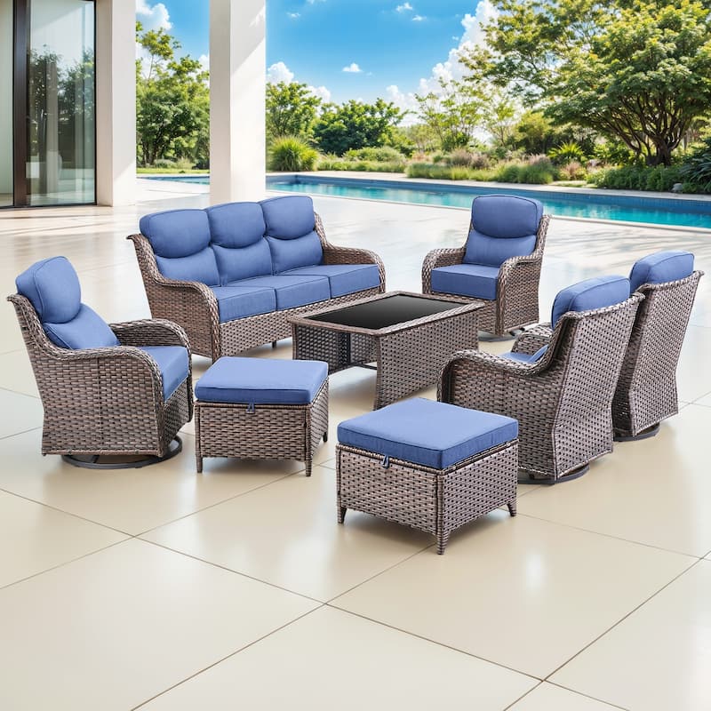 Gymojoy 8-Piece Patio Furniture Set with Swivel Glider Chairs, 6-Inch Ultra-Plush Cushions & Water-Resistant Olefin Fabric - Brown Wicker / Blue Cusion - 8-Piece