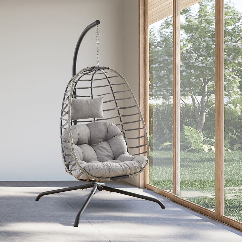 Wicker Outdoor Hanging Egg Swing Chair with Cushion - Grey