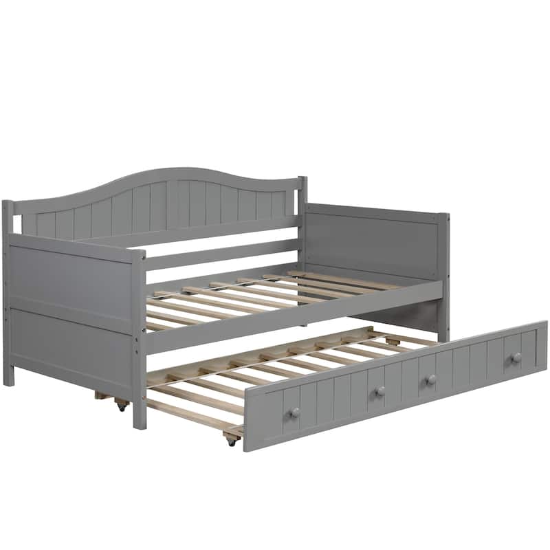 Wood Daybed Twin Size with Trundle Bed, Solid Wooden Sofa Bed Frame