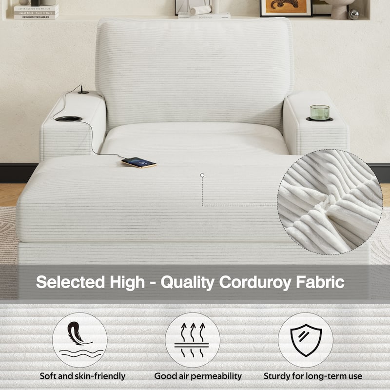Oversized 42.8" Chaise Lounge Chair with Storage Ottoman, Corduroy Sleeper Chair with Cup Holders & USB Port for Living Room