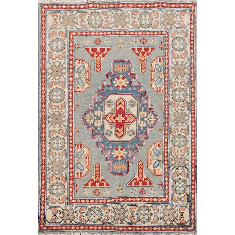 Geometric Blue Kazak Accent Rug Handmade Wool Carpet - 3'3" x 4'11"