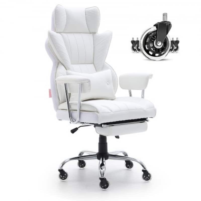 PU Leather Ergonomic Reclining Chair with Footrest & Wheels - 29.1 x 29.1 x 50 inch - White