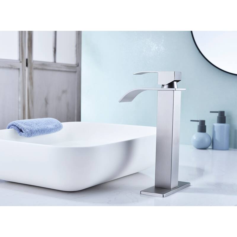 Waterfall Spout Bathroom Sink Single Handle Faucet with Pop-Up Drain (No Overflow)