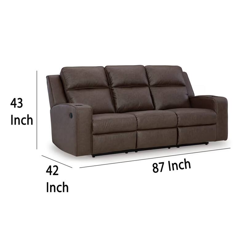 Livie Manual Recliner Sofa, USB, Table 87in Brown Gray Faux Leather