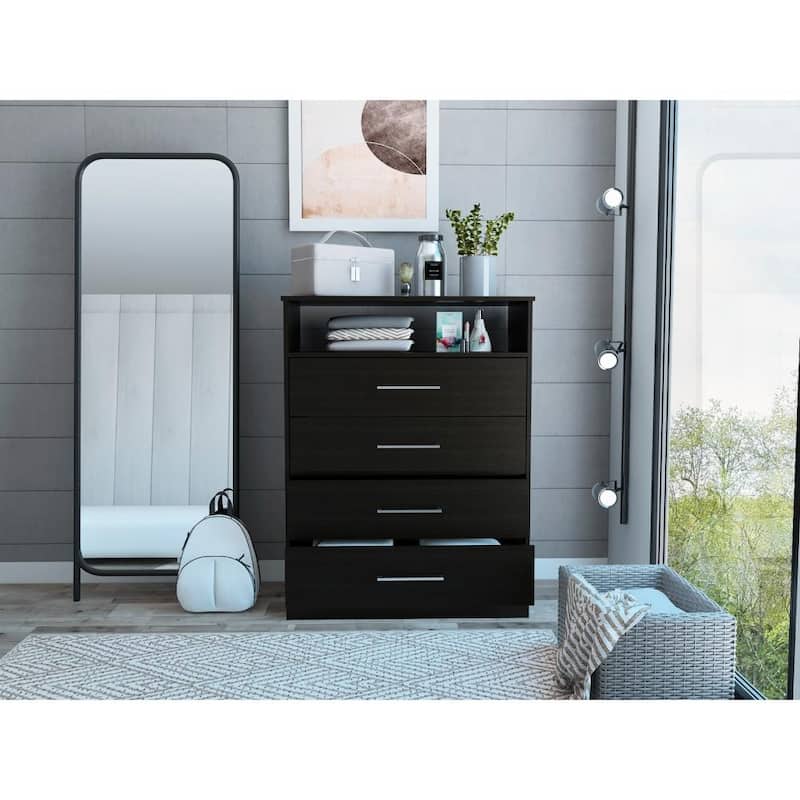 FM Furniture Athens Dresser with 4 Drawers, Open Shelf, and Top Surface for TVs up to 47"