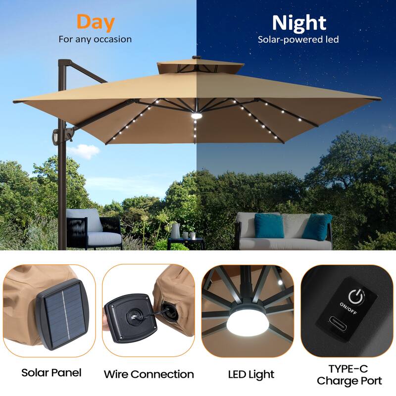 Solar LED Light 9 x 11FT Rectangular Outdoor Cantilever Patio Daul Top Umbrella without Base