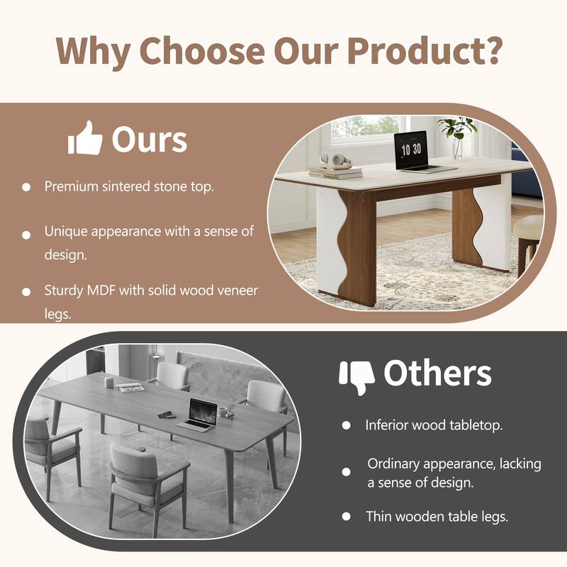 63" Modern Rectangular Writing Desk, Beige Sintered Stone Top, Meeting Desk With Solid Wood Legs