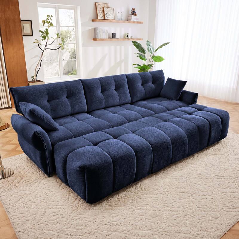 110.2" Chenille 3-Seater Sectional Sofa with 3 Ottomans - Blue