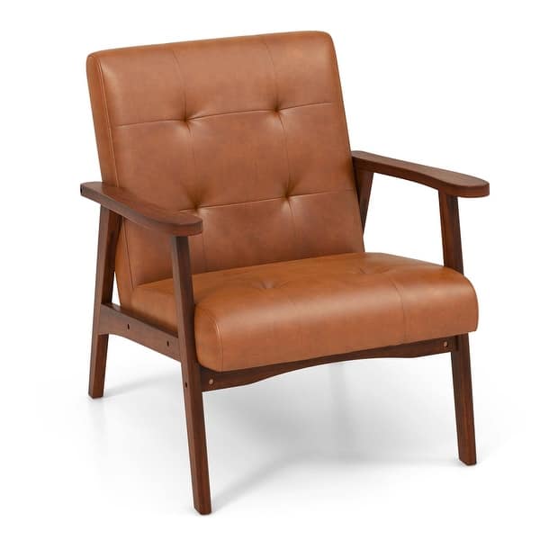 slide 2 of 18, Costway Mid Century Accent Chair Tufted Reading Armchair Solid Rubber - See Details Light Brown