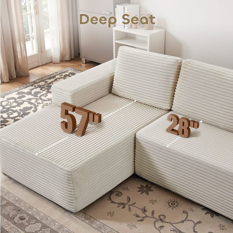 Meyreso No Assembly Required Long Plush L-Shaped Sectional Sofa with Round Nesting Coffee Tables