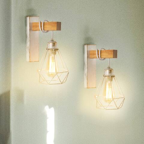 White and Gold Sconces indoor Metal Cage and Wood Farmhouse Wall Lights Set of 2