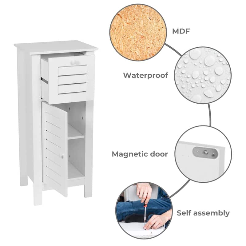 Santorin Compact White Bathroom Storage Cabinet with Drawer and Vented Door - 14.7"L x 11.13"W x 32.12"H