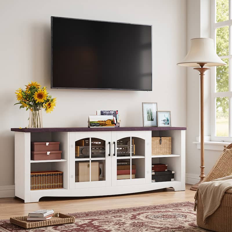 EROMMY Solid Wood TV Stand, Modern Entertainment Center with Glass Doors & Adjustable Shelves.