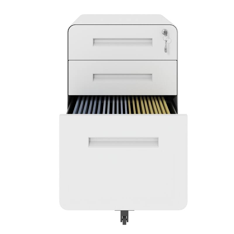 Modern 3-Drawer Wide Mobile File Cabinet with Lock and 4 Swivel Casters, for Office and Home Use, White