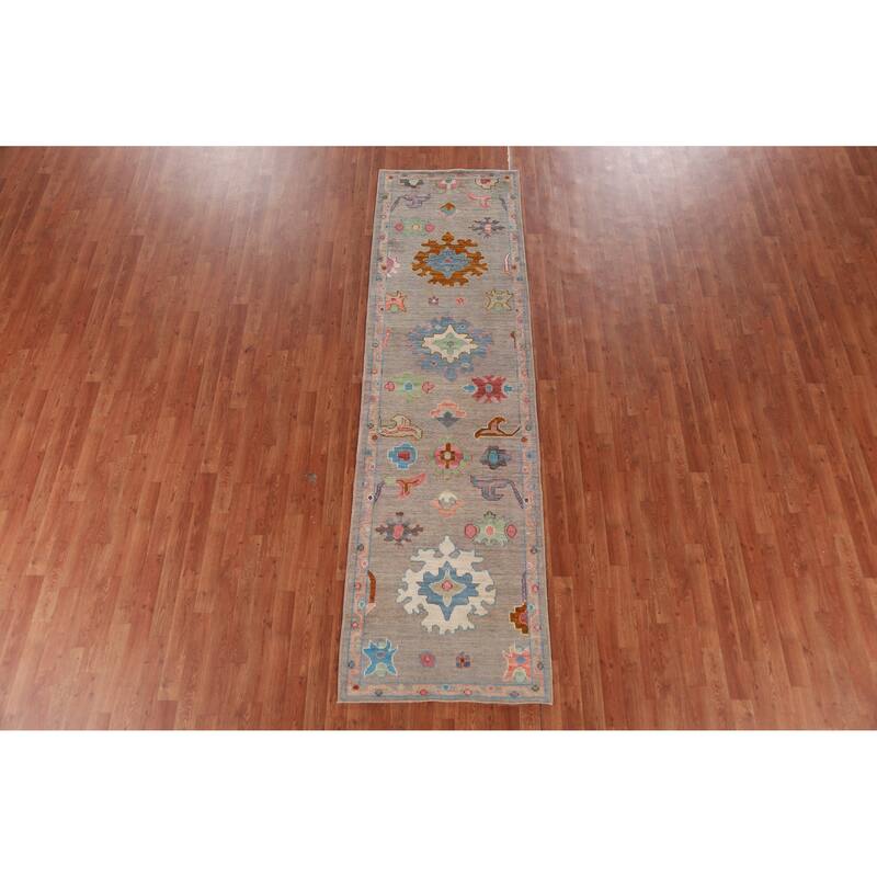 Hand Knotted Oriental 100% Wool Carpet Transitional Floral Greys & Charcoal Oushak Runner Rug - 9' 11'' X 2' 9''