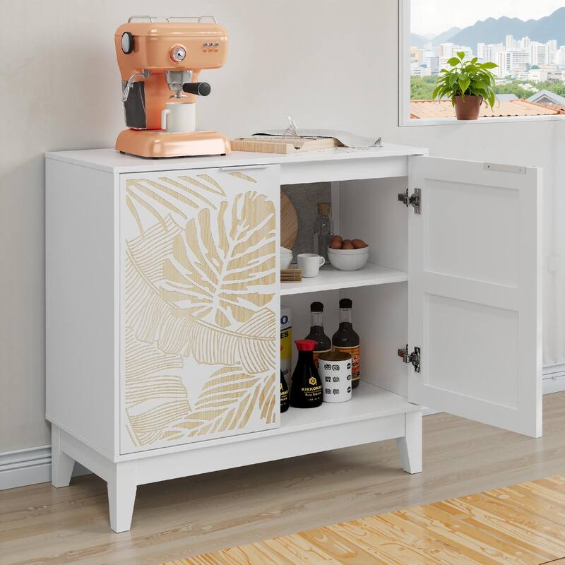 Roomfitters Coastal Storage Cabinet with Tropical Leaf Pattern Doors, Sideboard Buffet Organizer with Wood Accents, White