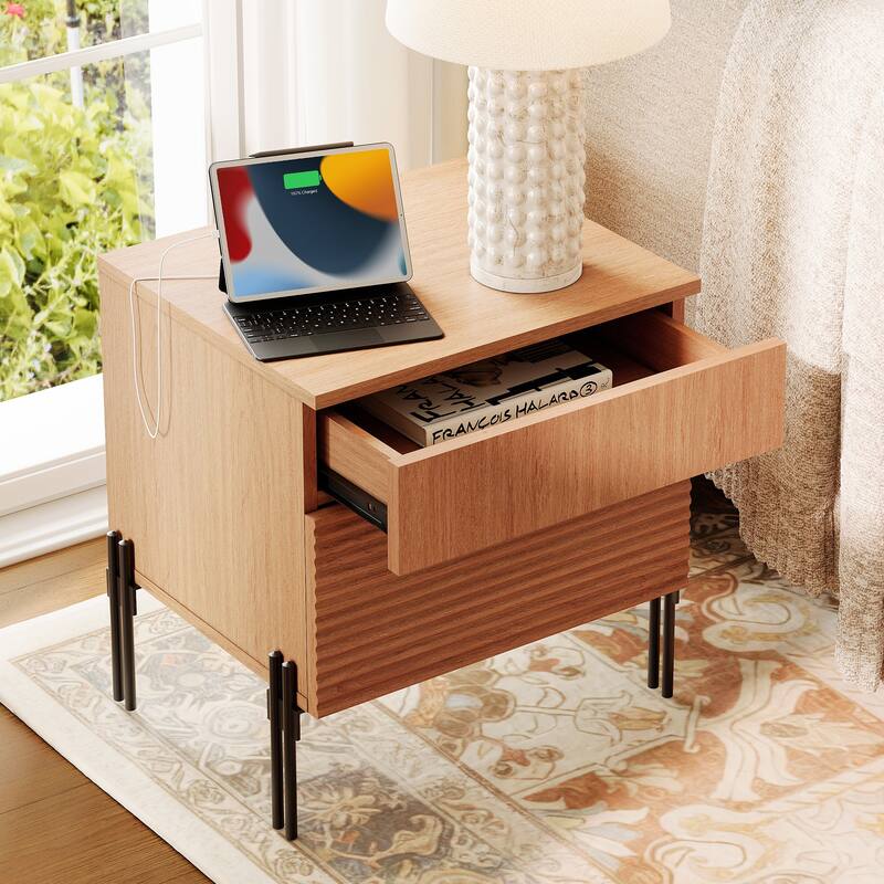 WAMPAT Modern Minimalist Nightstand And Bedside Cabinet Set, Reeded Bedroom Set, Oak Wooden Chest With Hidden Handles
