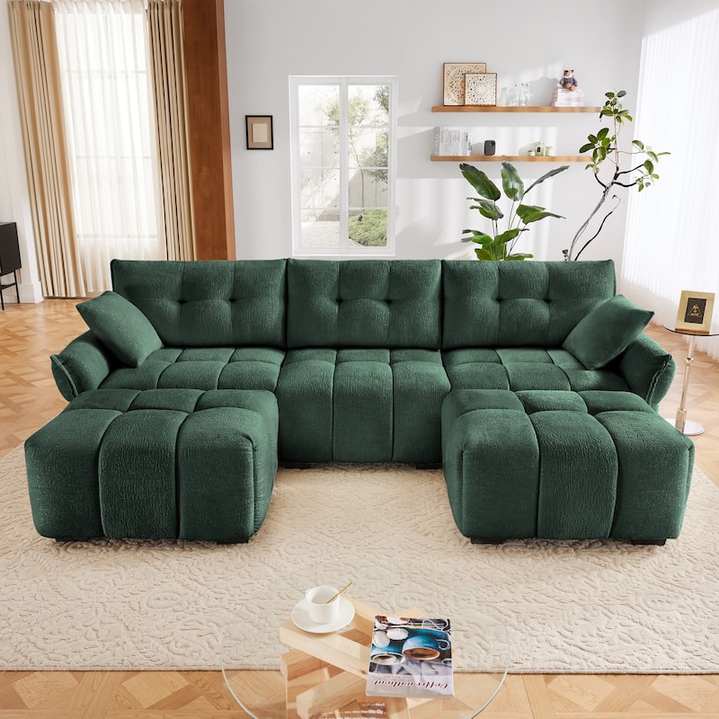 Modular 4-Seat Chenille Sofa Set with 2 Ottomans, High-Resilience Cushions and Solid Wood Frame
