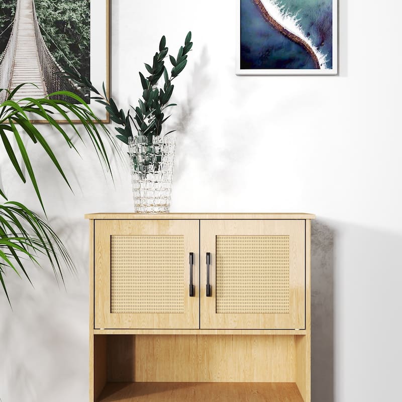 GDFStudio - Olivia Elegant Mid-Century Modern 4-Door Storage Cabinet with Woven Rattan Doors and Adjustable Shelves