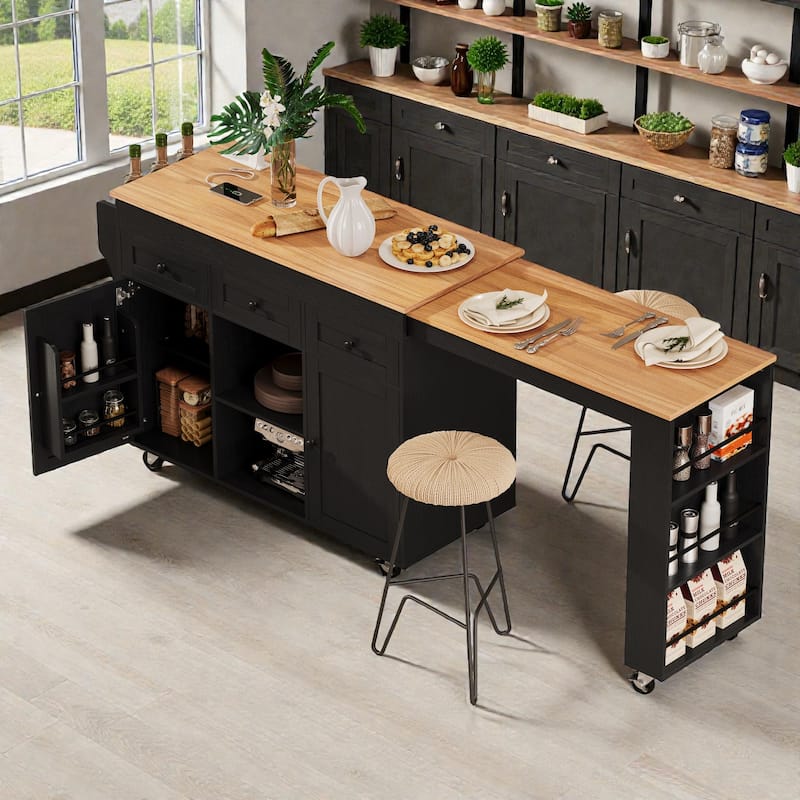 85.5" Extendable Kitchen Island with Dining Table, Rolling Storage Island with Power Outlet, Shelves, Drawers and Cabinets