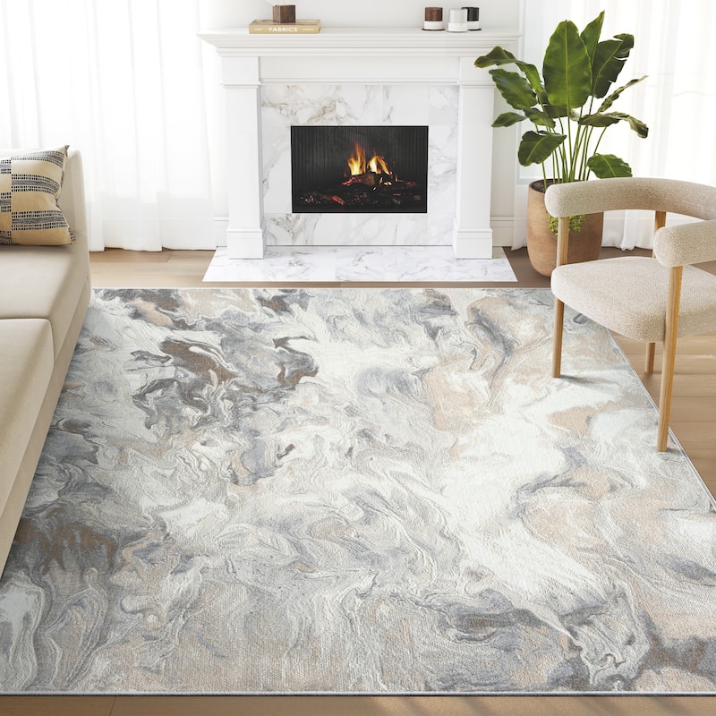 Abani Rugs Regal REG500 Swirl Abstract Low Pile Area Rug - 10' x 14' - Beige, Grey