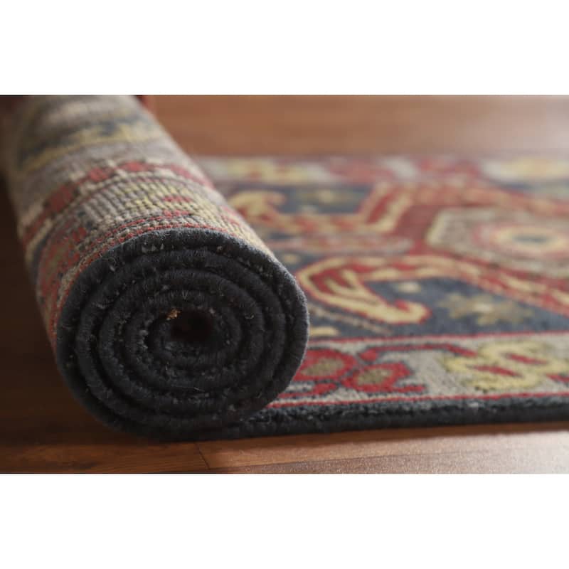 Hand Knotted Oriental 100% Wool Carpet Traditional Geometric Navy Blue & Blues Heriz (serapi) Runner Rug - 9' 10'' X 2' 6''
