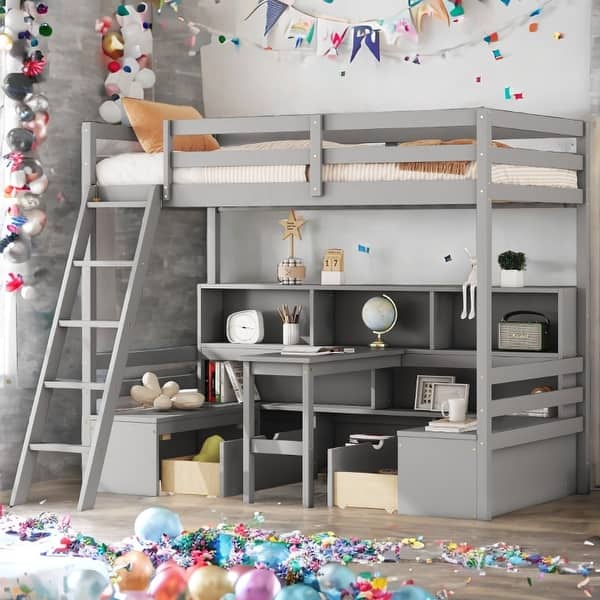 slide 2 of 7, Twin Loft Bed with Storage Shelves, Desk, and Drawers Grey